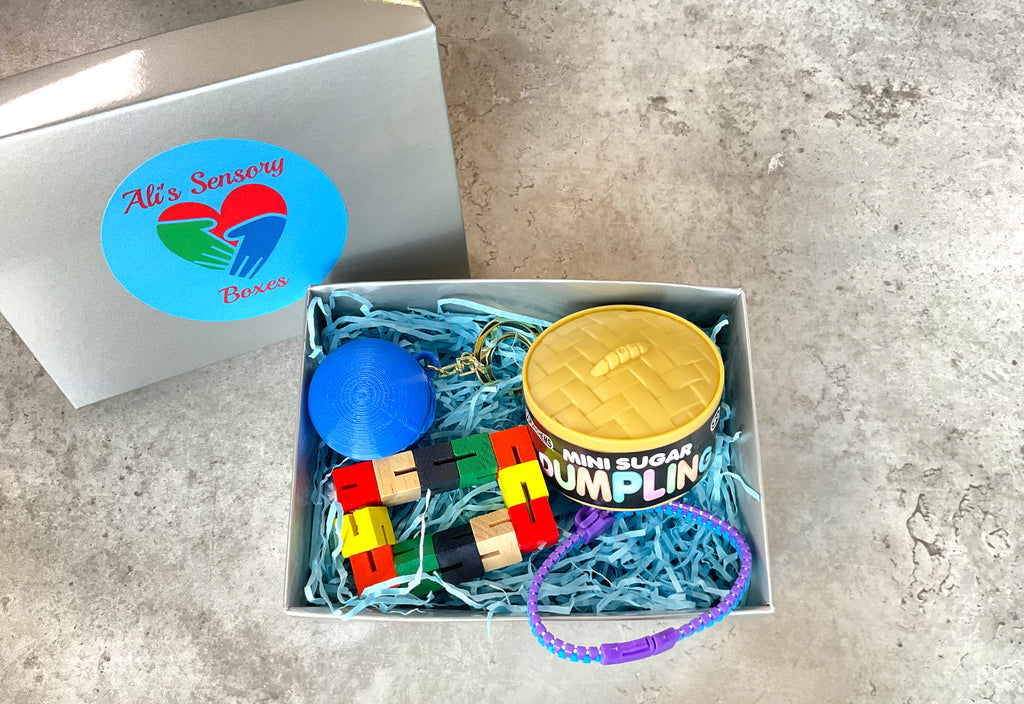 small silver Ali's Sensory Box filled with sensory items 