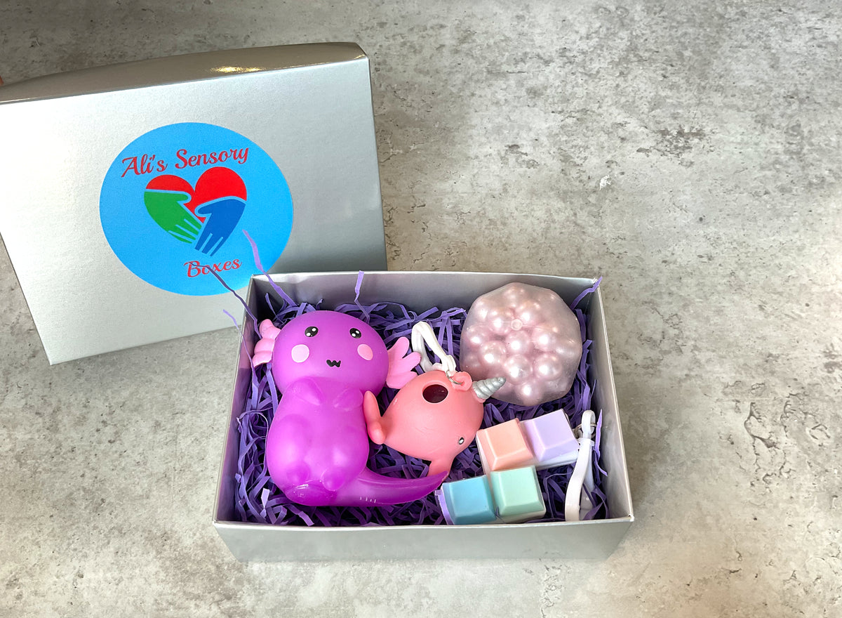 Small silver box filled with sensory items 